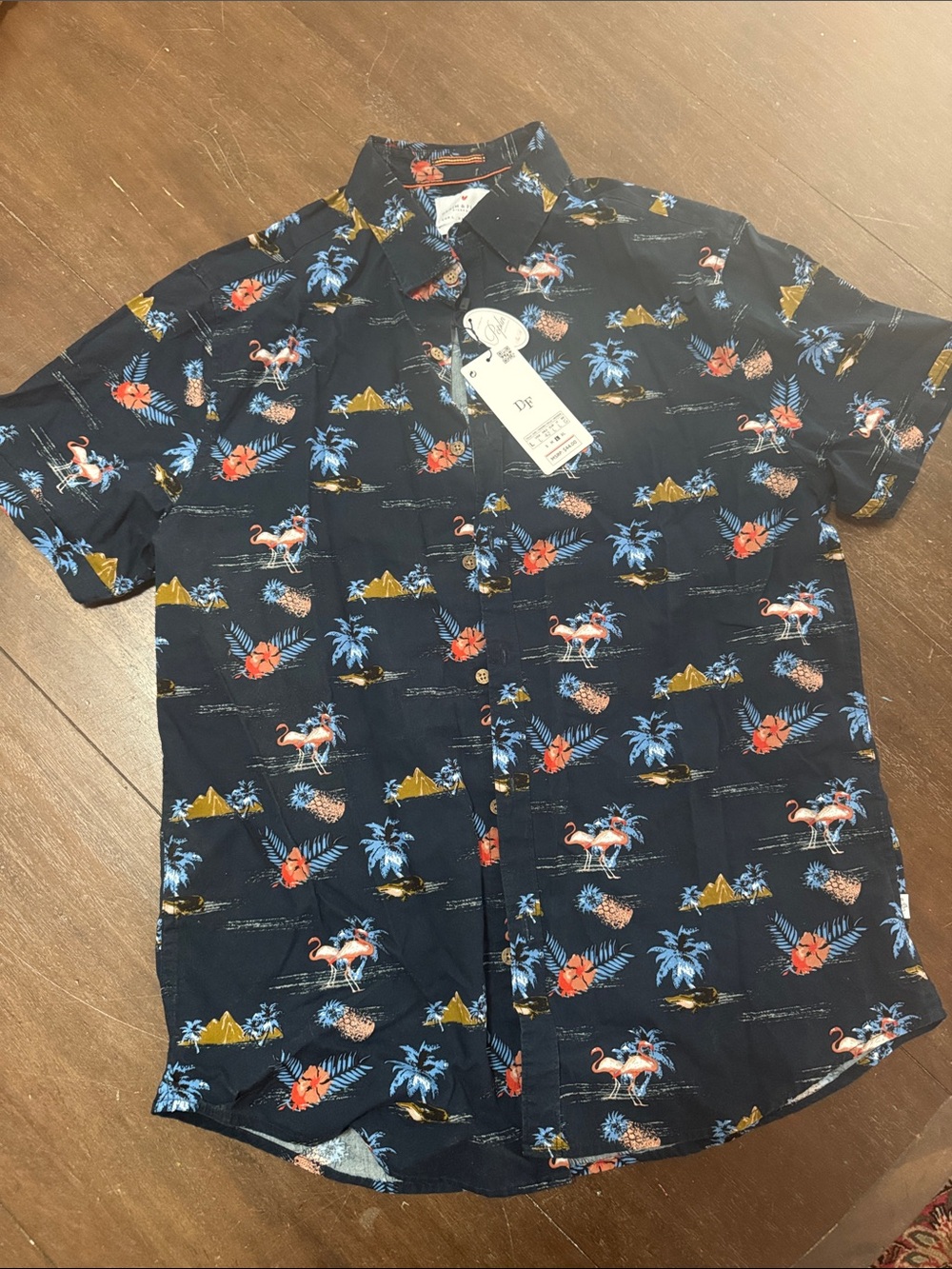 Denim & Flower Navy Short-Sleeve Flamingo Print Button-Down Shirt